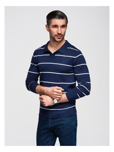 Ombre Men's horizontal striped polo longsleeve with viscose - navy blue and white