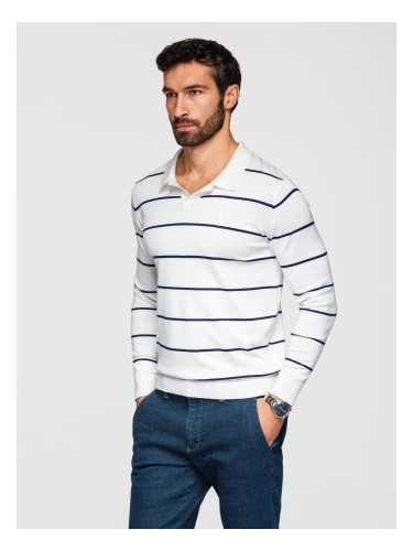 Ombre Men's horizontal striped polo longsleeve with viscose - white and navy blue