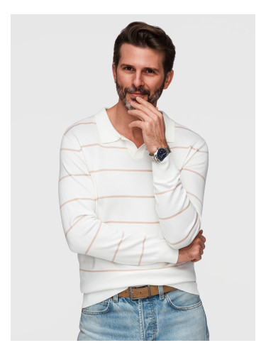 Ombre Men's horizontal striped polo longsleeve with viscose - white and beige