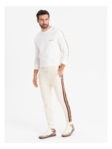 Ombre Men's sweatpants with piping and ribbing on the legs - cream