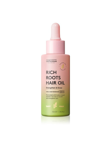 delhicious RICH ROOTS AMLA & ROSEMARY HAIR OIL хидратиращо и успокояващо масло за суха и сърбяща кожа на главата 50 мл.