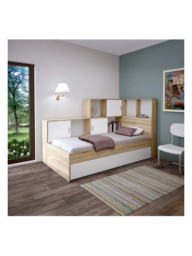 ДЕТСКО ЛЕГЛО ЕРВИН С МЯСТО ЗА СЪХРАНЕНИЕ И РАФТОВЕ В ДЪБ СОНОМА И БЯЛО 120/221/104 СМ ЗА МАТРАК 90/200 СМ