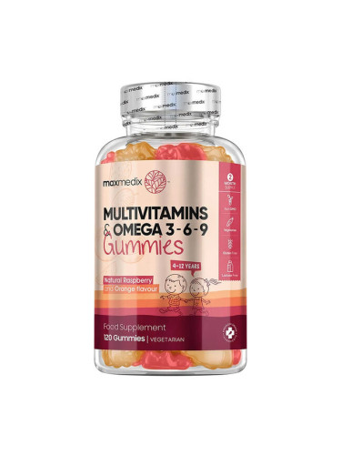 Мултивитамини + Омега 3-6-9 Формула за деца 120 желирани таблетки с аромат на малина и портокал