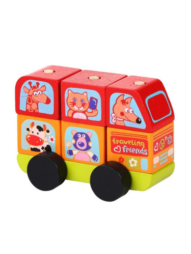 Дървен 3D пъзел с кубчета за нанизване Cubika - Автобус с животни