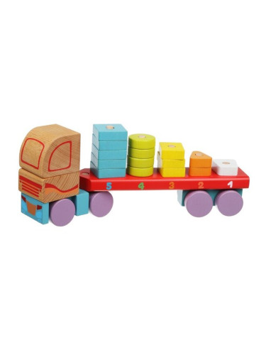 Дървена играчка за нанизване Cubika - Автовоз-сортер на геометрични форми