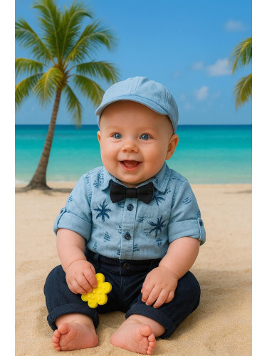 Стилен комплект от панталон в тъмносиньо, риза в светлосиньо с палми, 