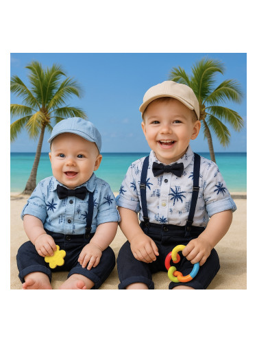 Стилен комплект от панталон в тъмносиньо риза в бяло с палми, папийонк