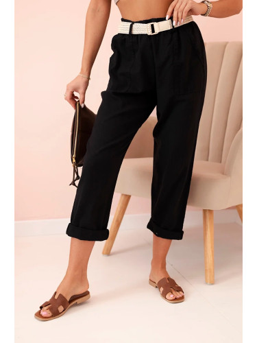 Kesi Włoski Women's linen cotton pants with a belt black