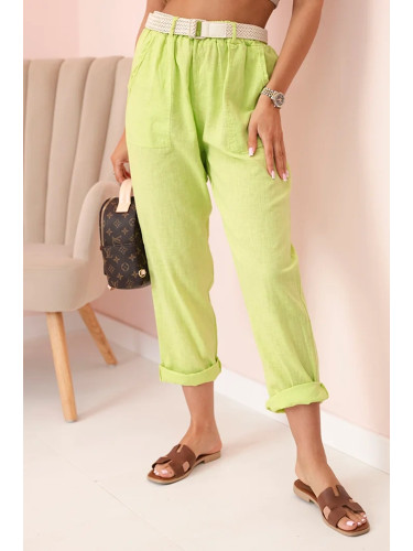Kesi Włoski Women's linen cotton pants with a belt bright green