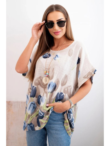 Kesi Włoski Women's cotton shirt with a floral pattern beige