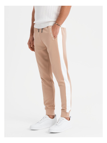 Ombre Men's sweatpants joggers with contrasting stripes - beige