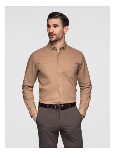 Ombre Men's linen shirt with classic collar and pockets REGULAR FIT - light brown