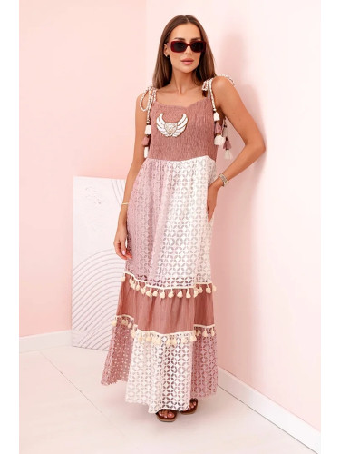 Kesi Włoski Women's boho dress with straps with embroidery and lace camel