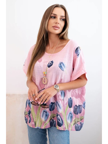Kesi Włoski Women's cotton shirt with a floral pattern light pink