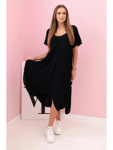 Kesi Włoski Damenkleid aus Viskose mit kurzen Ärmeln und ausgestelltem Saum black