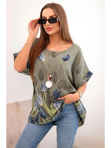 Kesi Włoski Women's cotton shirt with a floral pattern khaki