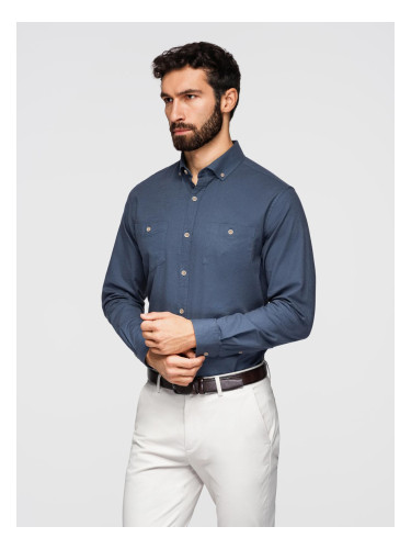 Ombre Men's linen shirt with classic collar and pockets REGULAR FIT - blue