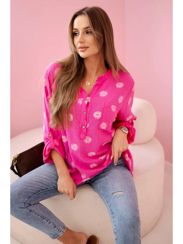 Kesi Włoski Linen Women's Blouse with Floral Pattern, Long Sleeves, and Buttons pink