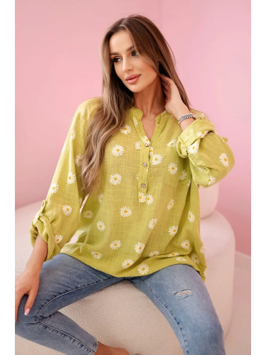 Kesi Włoski Linen Women's Blouse with Floral Pattern, Long Sleeves, and Buttons kiwi