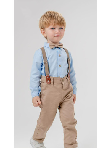 Бебешки комплект от панталон в бежово, боди-риза в светлосиньо, тирант