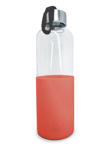 Стъклена бутилка за вода Nerthus със силиконов протектор - 600 мл - червена