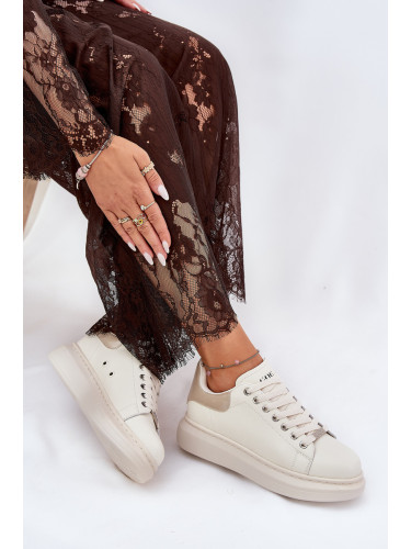 Кожени Дамски Маратонки На Платформа Бежови GOE