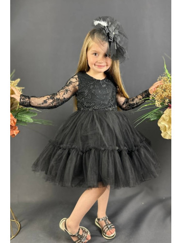 Празнична детска рокля Тера с дълъг ръкав от дантела и тюл в черно с х