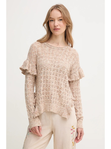 Пуловер с лен Hoss Intropia дамски в бежово от лека материя 6389954