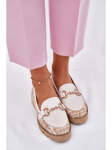 Laura Messi Дамски Кожени Мокасини С Златен Детайл Светло Бежови Лаура Меси 2938