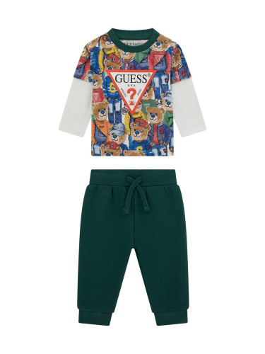 Бебешки памучен комплект с мечета в зелен цвят Guess