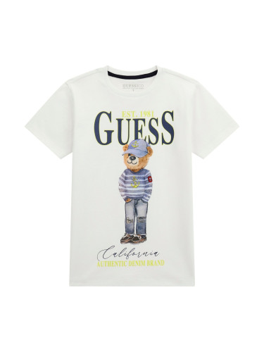 Детска тениска в бял цвят с надпис и щампа мече Guess