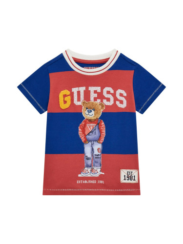 Детска тениска на райе с щампа мече и надпис Guess