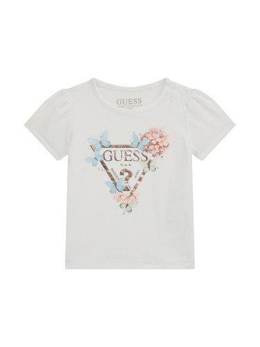 Бебешка тениска в бял цвят с цветя и лого Guess