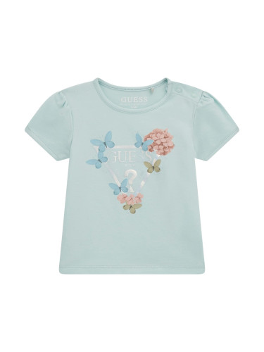 Бебешка тениска в светлосин цвят с цветя и лого Guess