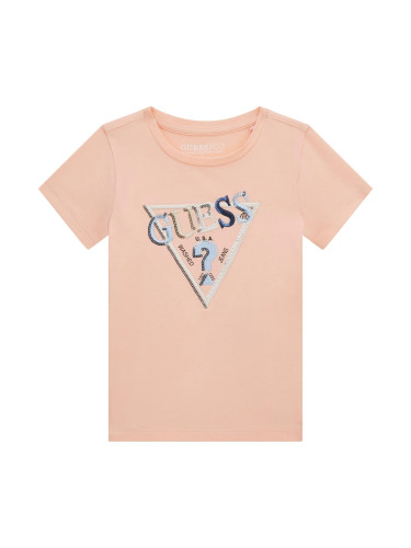 Детска тениска в цвят пудра с пайети Guess