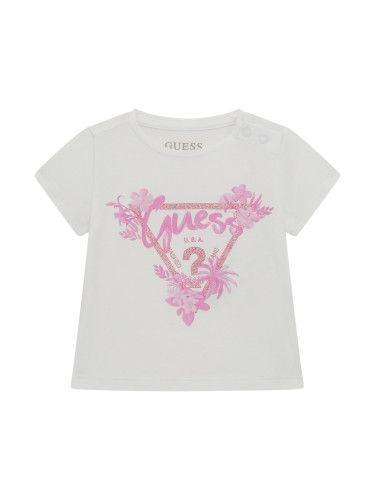 Бяла блузка с къс ръкав и триъгълно лого Guess
