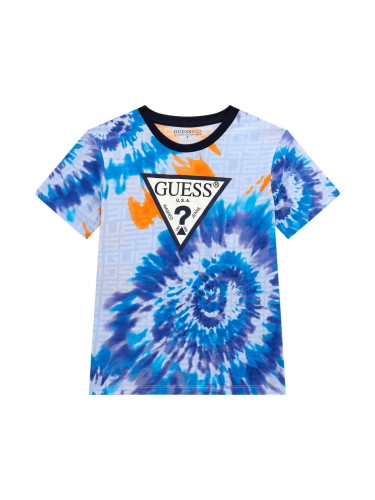 Детска тениска в син цвят с tie-dye принт и лого Guess