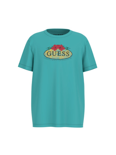 Детка тениска в син цвят с щампа и надпис Guess