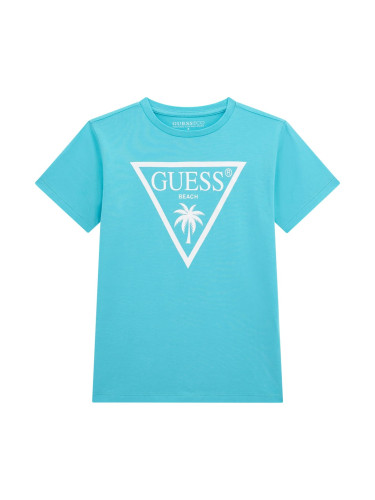 Детска тениска в цвят тюркоаз с палма и лого Guess