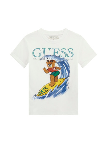 Бебешка бяла тениска с мече Guess