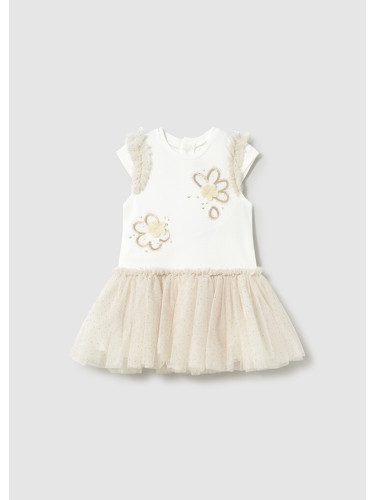 Бебешка рокля с бродирани цветя и тюл в бежов цвят Mayoral