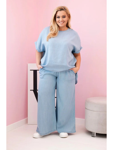 Kesi Włoski Plus Size women's set made of Tencel blouse and tie-waist pants light denim