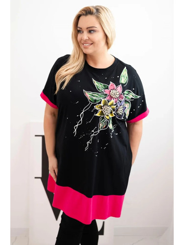 Kesi Włoski Fuchsia Plus Size women's tunic with floral pattern and decorative pearls