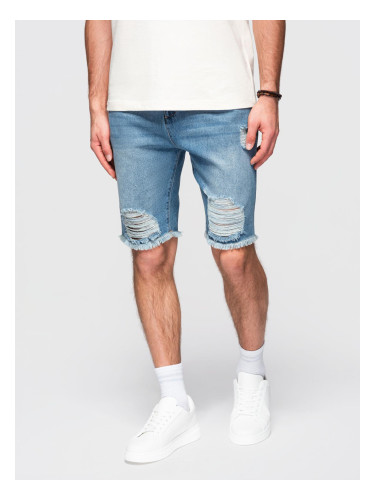 Ombre Men's short denim shorts with rips and holes - blue