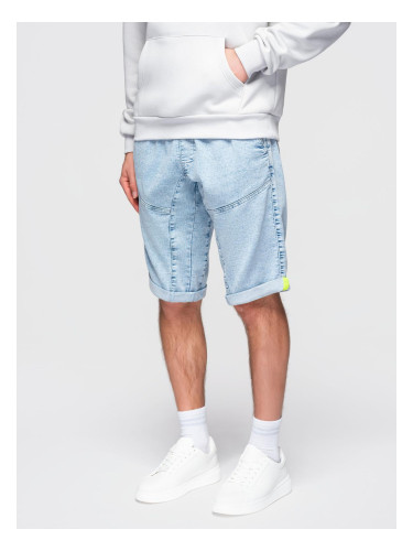 Ombre Men's short denim shorts with decorative stitching - light blue