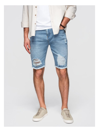 Ombre Men's short denim shorts with rips and holes - light blue
