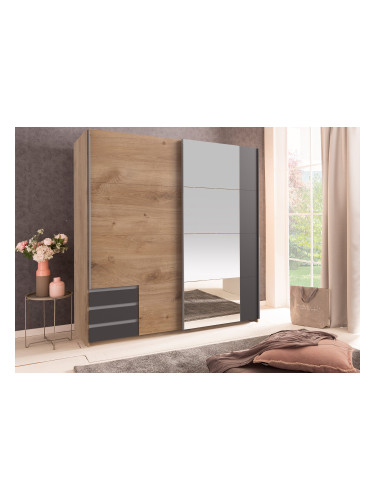 ДВУКРИЛЕН ГАРДЕРОБ ЕМДЕН С ПЛЪЗГАЩИ СЕ ВРАТИ И ОГЛЕДАЛО 179/64/198 СМ В ДЕКОР ДЪБ И ГРАФИТ