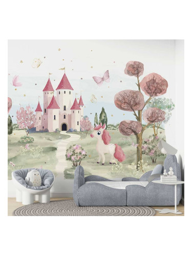 Детски фототапет с еднорог и вълшебен замък в розови тонове