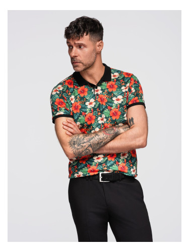 Ombre Cotton polo shirt with floral print - black
