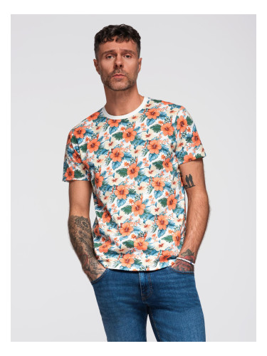 Ombre Men's cotton t-shirt with floral full print pattern - white